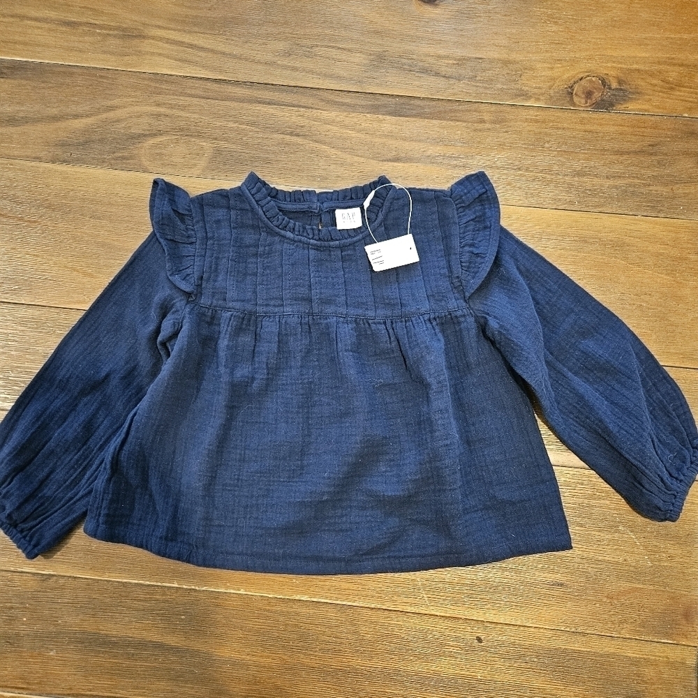 GAP NWT GIRL'S DARK BLUE CHAMBRAY TOP LONG SLEEVES WITH RUFFLED SHOULDER SIZE XS